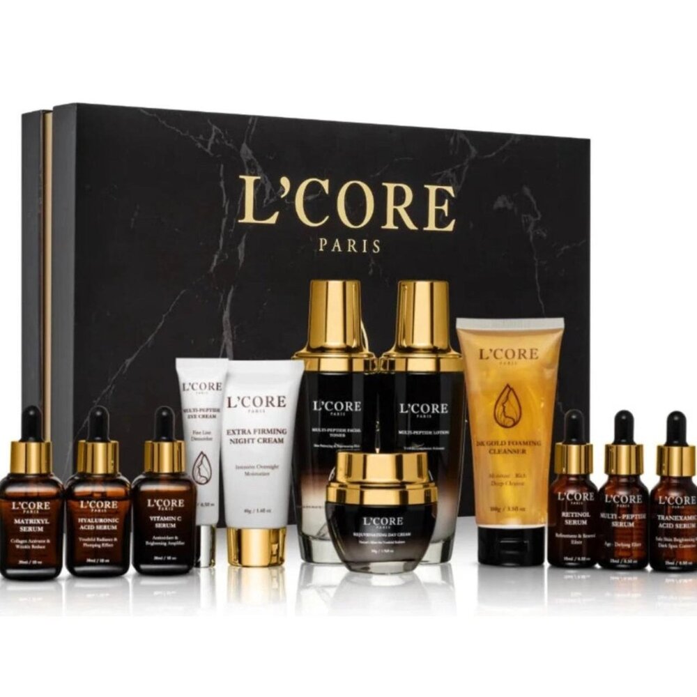 Exclusive L'Core Paris daily skincare routine set with 12 products.